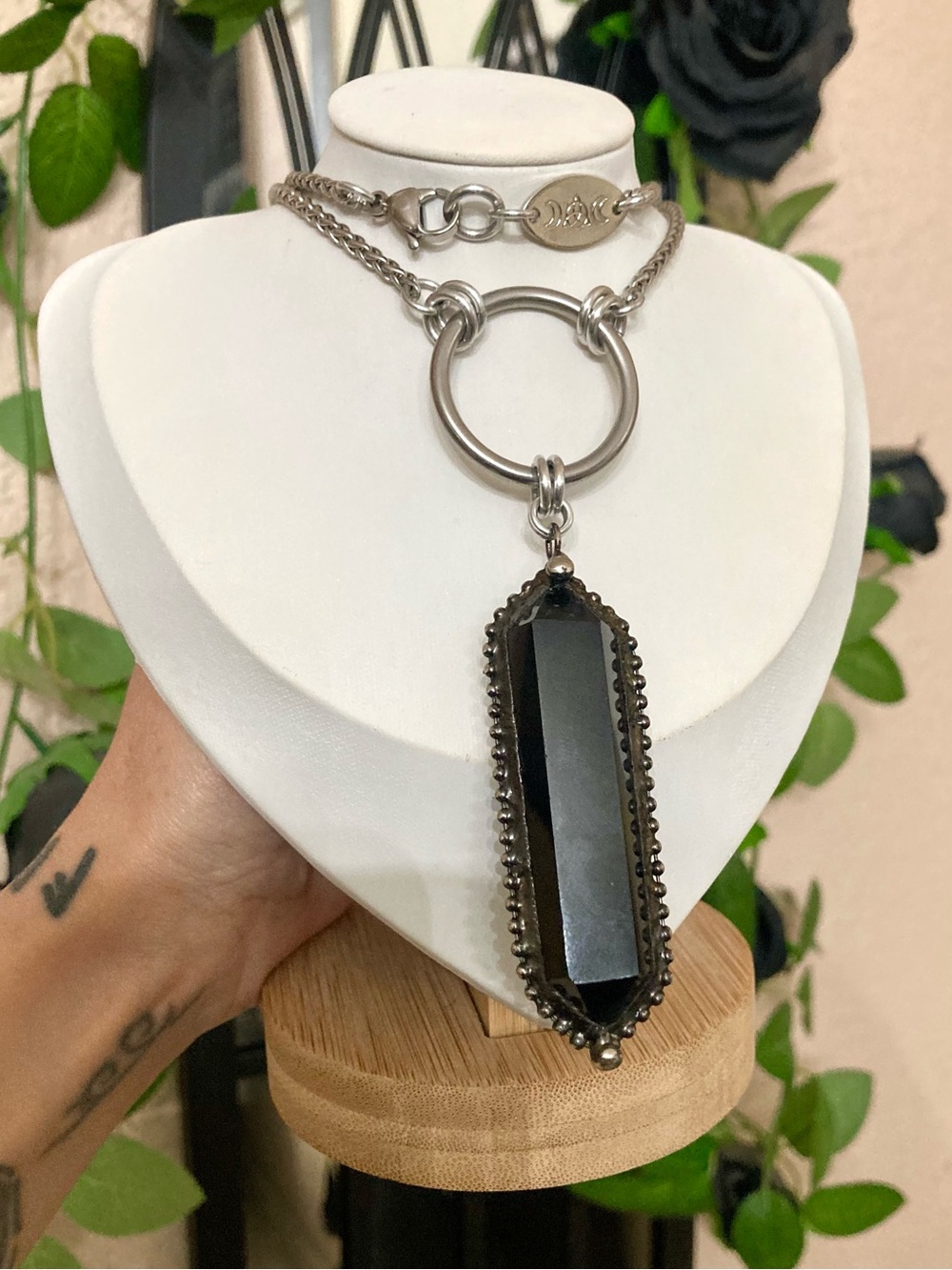 Black smoky crystal quartz boho goth long stainless steel chain necklace